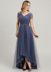 Asymmetrical Tulle Mother of the Bride Dress with Sequins Beading Pleated, Short Sleeve V Neck A-line