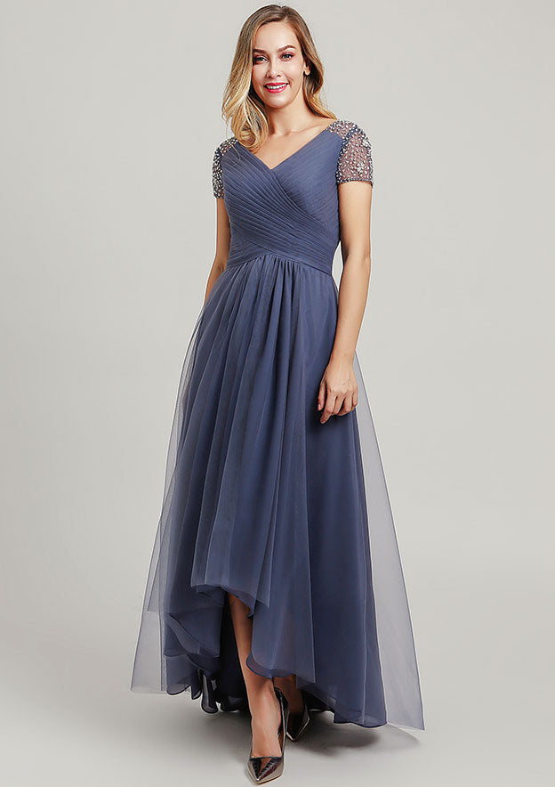 Asymmetrical Tulle Mother of the Bride Dress with Sequins Beading Pleated, Short Sleeve V Neck A-line