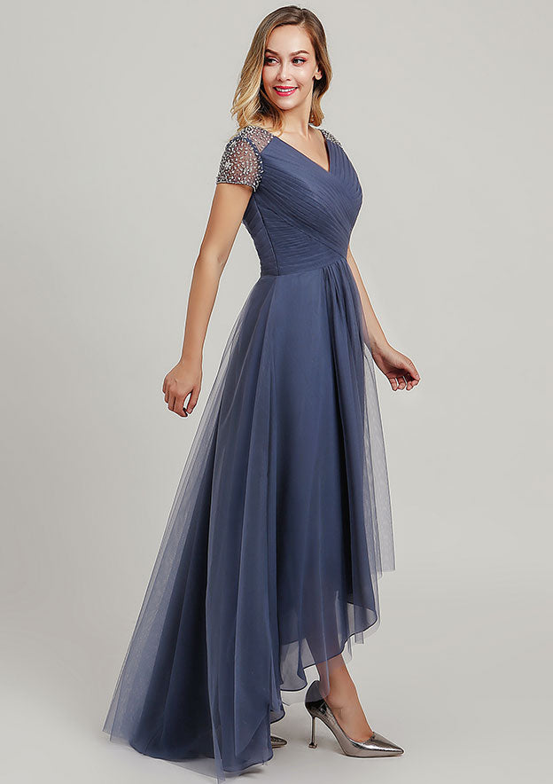 Asymmetrical Tulle Mother of the Bride Dress with Sequins Beading Pleated, Short Sleeve V Neck A-line