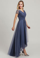 Asymmetrical Tulle Mother of the Bride Dress with Sequins Beading Pleated, Short Sleeve V Neck A-line