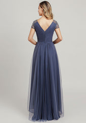 Asymmetrical Tulle Mother of the Bride Dress with Sequins Beading Pleated, Short Sleeve V Neck A-line