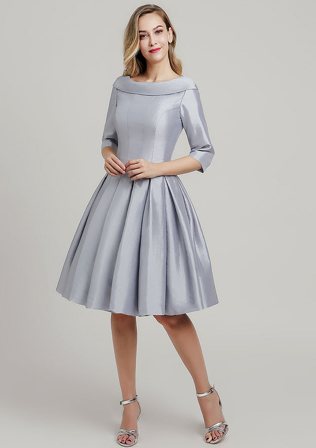 Knee-Length Taffeta Mother of the Bride Dress with Pleated, 3/4 Sleeve Scoop Neck A-line