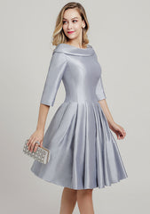 Knee-Length Taffeta Mother of the Bride Dress with Pleated, 3/4 Sleeve Scoop Neck A-line