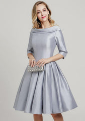 Knee-Length Taffeta Mother of the Bride Dress with Pleated, 3/4 Sleeve Scoop Neck A-line