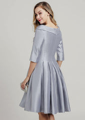 Knee-Length Taffeta Mother of the Bride Dress with Pleated, 3/4 Sleeve Scoop Neck A-line
