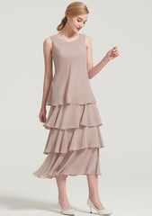 Tea-Length Chiffon Mother of the Bride Dress with Jacket Ruffles Appliqued, Sleeveless Scoop Neck A-line
