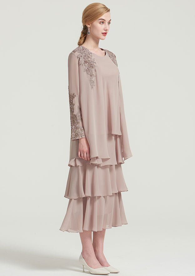 Tea-Length Chiffon Mother of the Bride Dress with Jacket Ruffles Appliqued, Sleeveless Scoop Neck A-line
