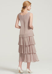 Tea-Length Chiffon Mother of the Bride Dress with Jacket Ruffles Appliqued, Sleeveless Scoop Neck A-line