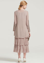 Tea-Length Chiffon Mother of the Bride Dress with Jacket Ruffles Appliqued, Sleeveless Scoop Neck A-line
