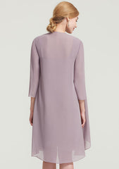 Knee-Length Chiffon Mother of the Bride Dress with Jacket Pleated, Sleeveless Square Neckline Sheath/Column