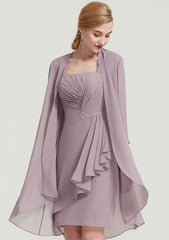 Knee-Length Chiffon Mother of the Bride Dress with Jacket Pleated, Sleeveless Square Neckline Sheath/Column