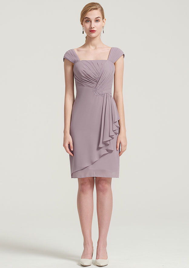 Knee-Length Chiffon Mother of the Bride Dress with Jacket Pleated, Sleeveless Square Neckline Sheath/Column