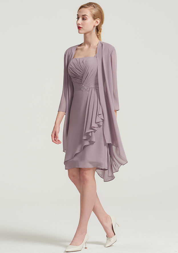 Knee-Length Chiffon Mother of the Bride Dress with Jacket Pleated, Sleeveless Square Neckline Sheath/Column