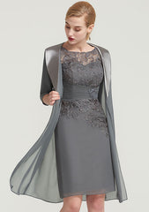 Knee-Length Chiffon Mother of the Bride Dress with Pleated Lace Appliqued, Half Sleeve Bateau Sheath/Column