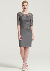Knee-Length Chiffon Mother of the Bride Dress with Pleated Lace Appliqued, Half Sleeve Bateau Sheath/Column