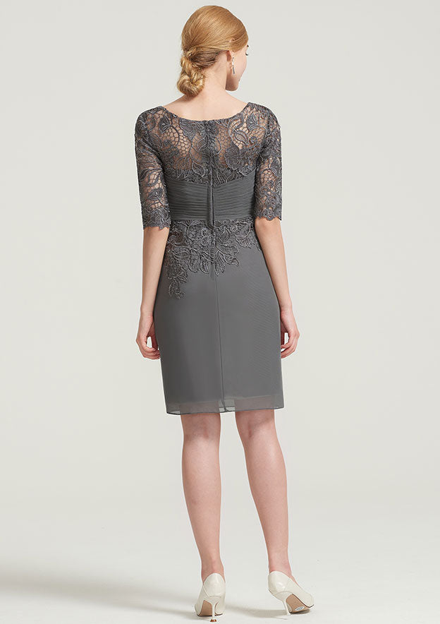 Knee-Length Chiffon Mother of the Bride Dress with Pleated Lace Appliqued, Half Sleeve Bateau Sheath/Column
