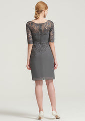 Knee-Length Chiffon Mother of the Bride Dress with Pleated Lace Appliqued, Half Sleeve Bateau Sheath/Column