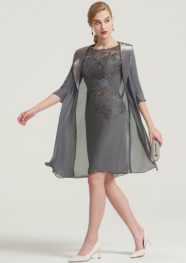 Knee-Length Chiffon Mother of the Bride Dress with Pleated Lace Appliqued, Half Sleeve Bateau Sheath/Column
