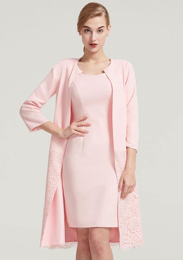Knee-Length Elastic Satin Mother of the Bride Dress with Lace Jacket, Sleeveless Scoop Neck Sheath/Column