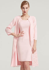 Knee-Length Elastic Satin Mother of the Bride Dress with Lace Jacket, Sleeveless Scoop Neck Sheath/Column