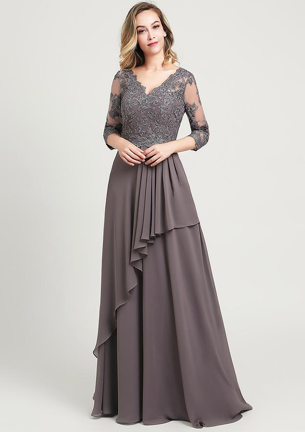 A-line/Princess Long/Floor-Length Chiffon Mother of the Bride Dress with Sequins Beading Lace Pleated, 3/4 Sleeve V Neck