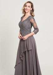 A-line/Princess Long/Floor-Length Chiffon Mother of the Bride Dress with Sequins Beading Lace Pleated, 3/4 Sleeve V Neck
