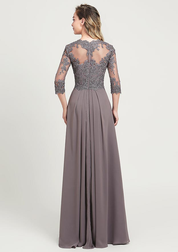 A-line/Princess Long/Floor-Length Chiffon Mother of the Bride Dress with Sequins Beading Lace Pleated, 3/4 Sleeve V Neck