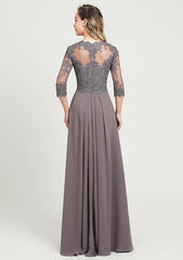 A-line/Princess Long/Floor-Length Chiffon Mother of the Bride Dress with Sequins Beading Lace Pleated, 3/4 Sleeve V Neck