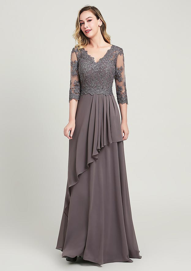 A-line/Princess Long/Floor-Length Chiffon Mother of the Bride Dress with Sequins Beading Lace Pleated, 3/4 Sleeve V Neck