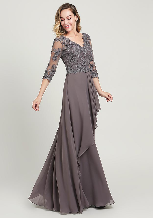 A-line/Princess Long/Floor-Length Chiffon Mother of the Bride Dress with Sequins Beading Lace Pleated, 3/4 Sleeve V Neck