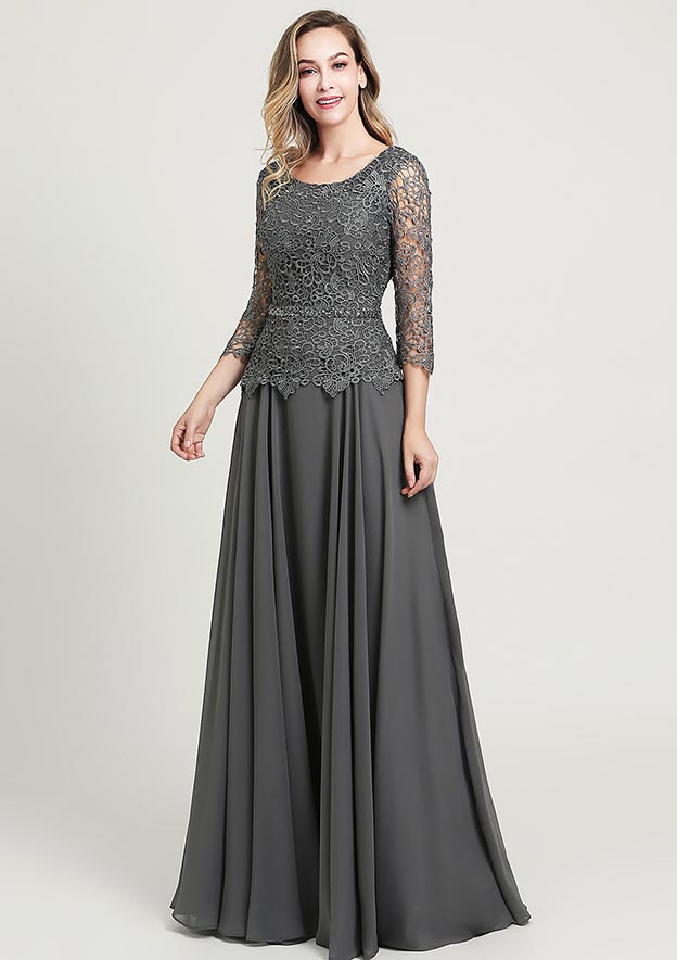 A-line/Princess Long/Floor-Length Chiffon Mother of the Bride Dress with Sequins Beading Lace, 3/4 Sleeve Scoop Neck