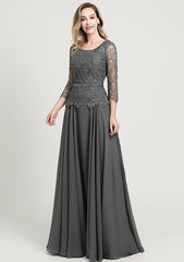 A-line/Princess Long/Floor-Length Chiffon Mother of the Bride Dress with Sequins Beading Lace, 3/4 Sleeve Scoop Neck