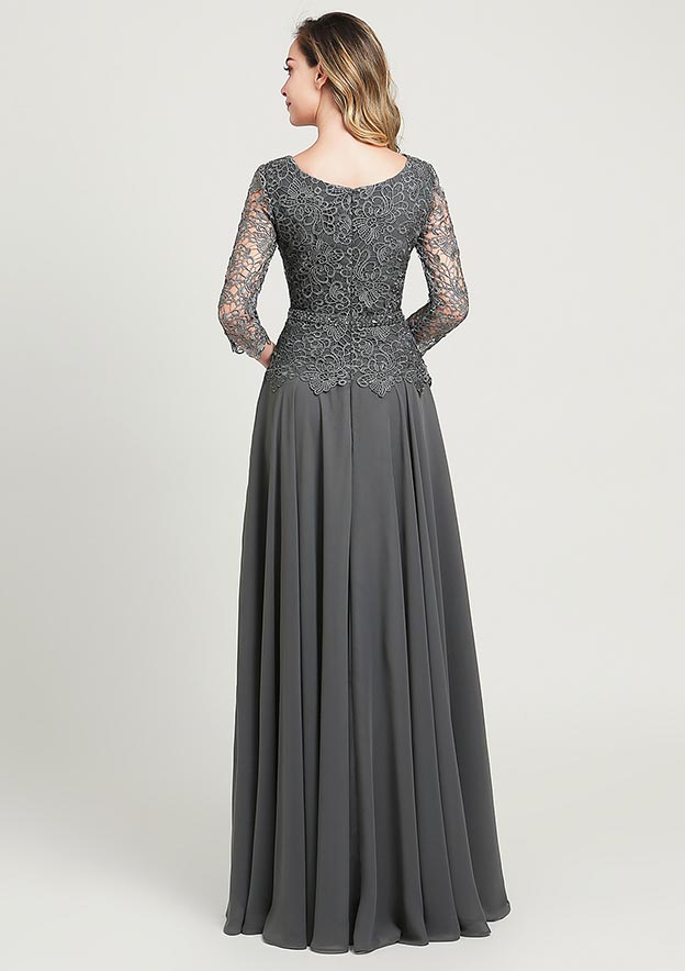 A-line/Princess Long/Floor-Length Chiffon Mother of the Bride Dress with Sequins Beading Lace, 3/4 Sleeve Scoop Neck