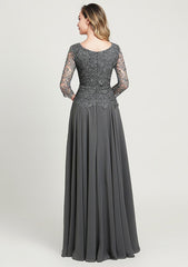 A-line/Princess Long/Floor-Length Chiffon Mother of the Bride Dress with Sequins Beading Lace, 3/4 Sleeve Scoop Neck