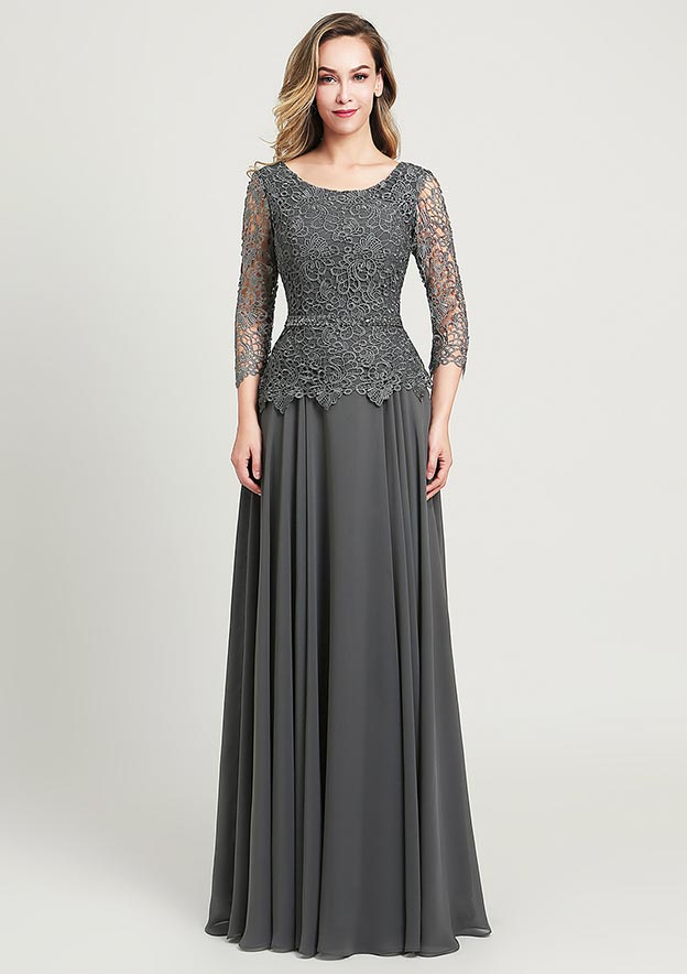 A-line/Princess Long/Floor-Length Chiffon Mother of the Bride Dress with Sequins Beading Lace, 3/4 Sleeve Scoop Neck