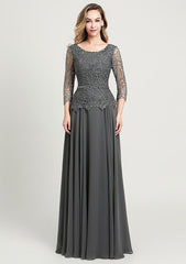 A-line/Princess Long/Floor-Length Chiffon Mother of the Bride Dress with Sequins Beading Lace, 3/4 Sleeve Scoop Neck