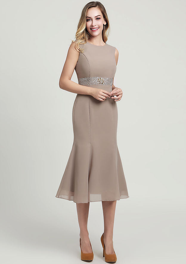 Tea-Length Chiffon Mother of the Bride Dress with Beading Jacket, Sleeveless Bateau