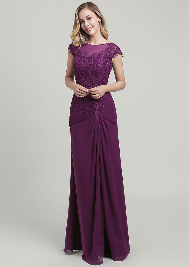 Sheath/Column Long/Floor-Length Chiffon Mother of the Bride Dress with Split Appliqued Pleated Sequins, Short Sleeve Bateau