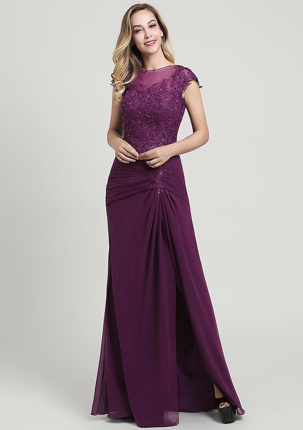 Sheath/Column Long/Floor-Length Chiffon Mother of the Bride Dress with Split Appliqued Pleated Sequins, Short Sleeve Bateau