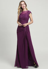 Sheath/Column Long/Floor-Length Chiffon Mother of the Bride Dress with Split Appliqued Pleated Sequins, Short Sleeve Bateau
