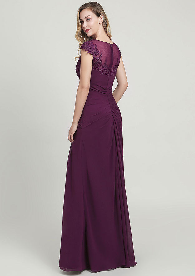 Sheath/Column Long/Floor-Length Chiffon Mother of the Bride Dress with Split Appliqued Pleated Sequins, Short Sleeve Bateau