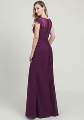 Sheath/Column Long/Floor-Length Chiffon Mother of the Bride Dress with Split Appliqued Pleated Sequins, Short Sleeve Bateau