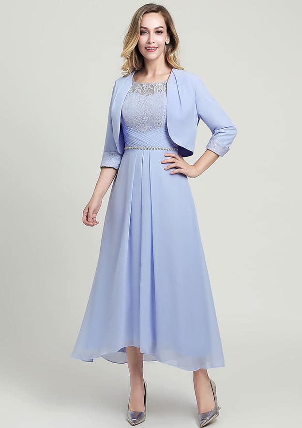 Asymmetrical Chiffon Mother of the Bride Dress with Jacket Beading Lace Pleated, Half Sleeve Scoop Neck A-line