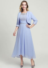 Asymmetrical Chiffon Mother of the Bride Dress with Jacket Beading Lace Pleated, Half Sleeve Scoop Neck A-line
