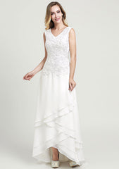 Asymmetrical Chiffon Mother of the Bride Dress with Lace, Sleeveless V Neck A-line