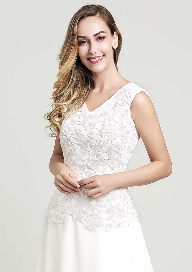 Asymmetrical Chiffon Mother of the Bride Dress with Lace, Sleeveless V Neck A-line