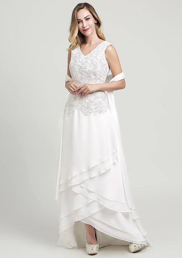 Asymmetrical Chiffon Mother of the Bride Dress with Lace, Sleeveless V Neck A-line