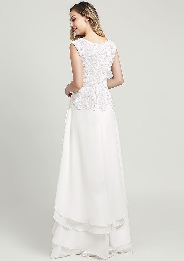 Asymmetrical Chiffon Mother of the Bride Dress with Lace, Sleeveless V Neck A-line