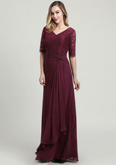 Long/Floor-Length Chiffon Mother of the Bride Dress with Ruffles Pleated Lace, Half Sleeve V Neck A-line