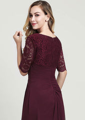 Long/Floor-Length Chiffon Mother of the Bride Dress with Ruffles Pleated Lace, Half Sleeve V Neck A-line